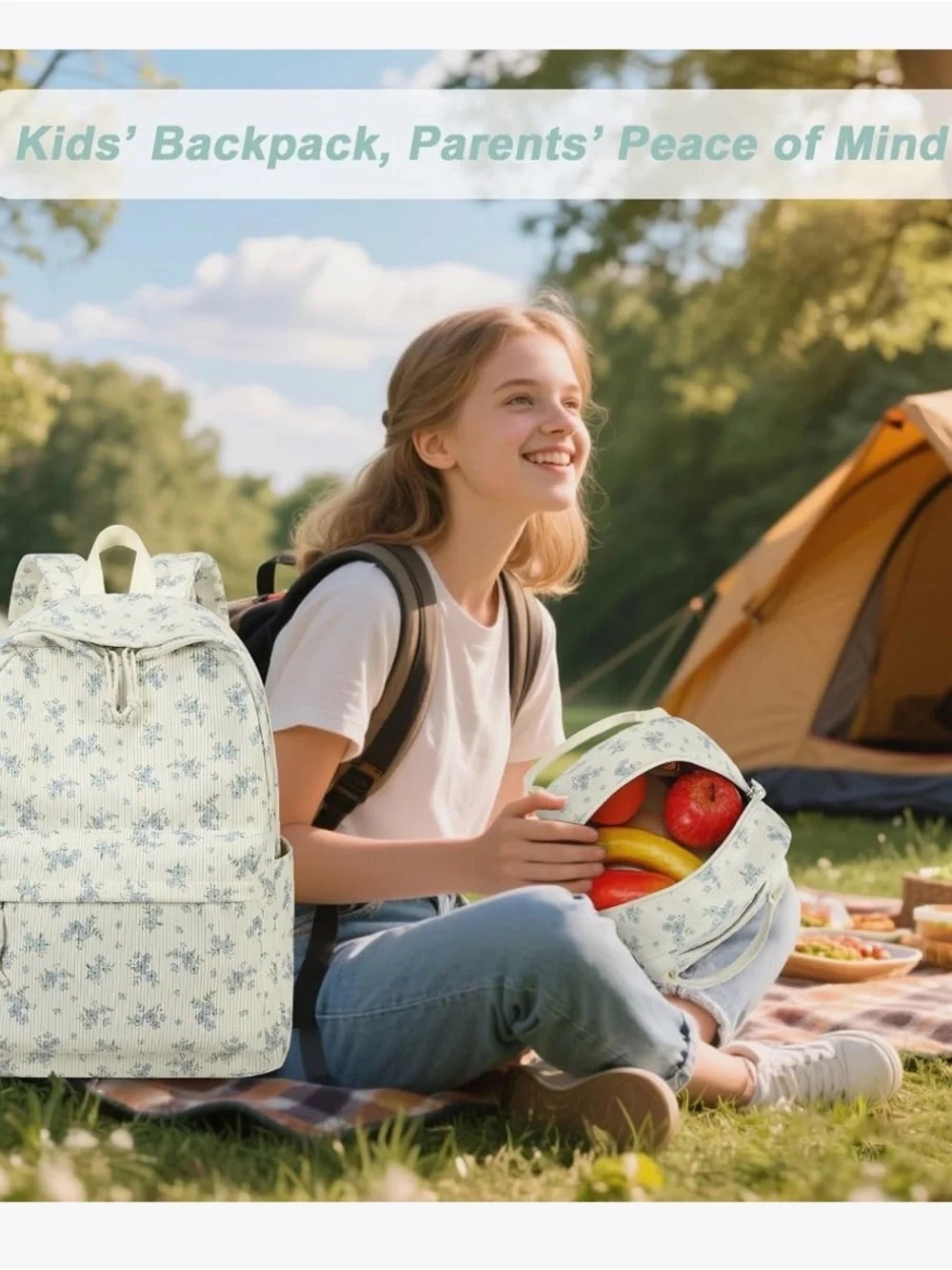 Floral Corduroy Backpack — Cream with Light Blue Flowers